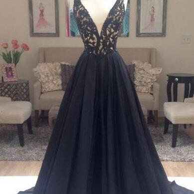 A Line Prom Dresses, Deep V-neck Prom Gown, Black..