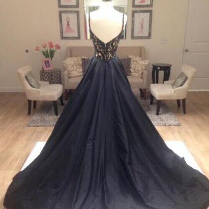 A Line Prom Dresses, Deep V-neck Prom Gown, Black..