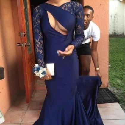 Navy Blue Prom Dresses,Lace Prom Dr..