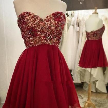 Empire Waist Prom Dress,red Lace Short Prom Dress..