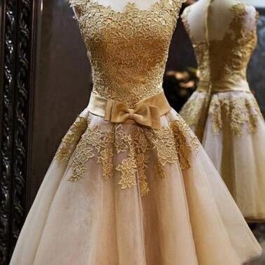 Short Homecoming Dresses,gold Lace Champagne Prom..