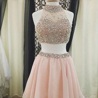 High Neck Skin Pink Homecoming Dresses,beaded..