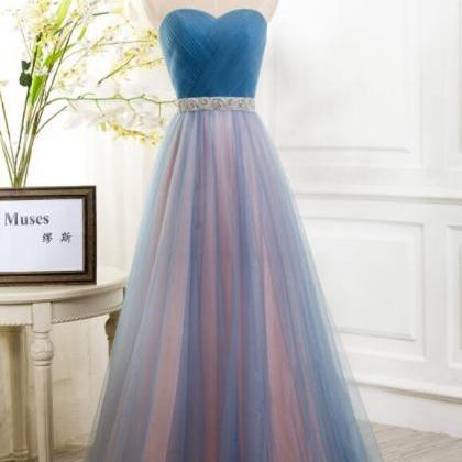 Blue Peach Tulle Strapless Prom Dresses, Prom..