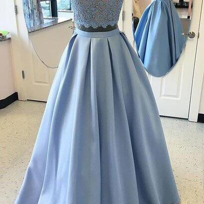 Two Pieces Prom Dresses, Blue Lace Long Prom..
