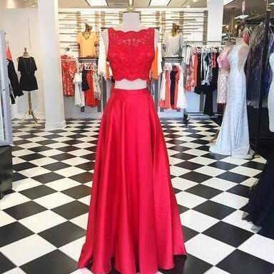 Two Piece Red Prom Dresses, Lace Prom Dress, Prom..