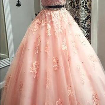 Two Piece Pink Prom Dress, Appliques Tulle Prom..