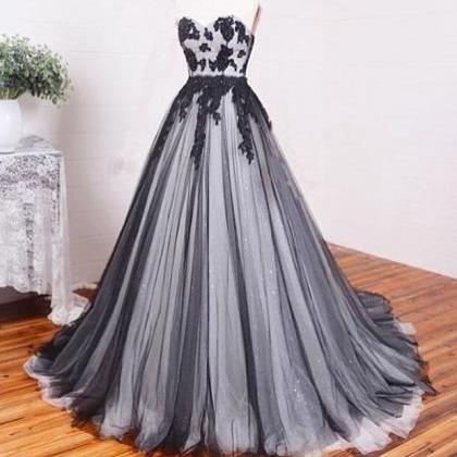 A-line Black And White Tulle Prom Dress, Lace..