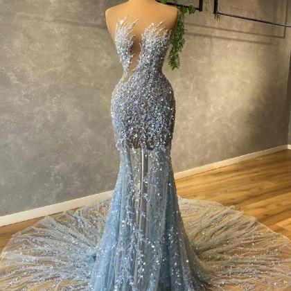 Chic Mermaid Tulle Prom Dresses, Sexy Evening..