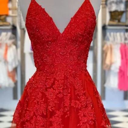 A Line V Neck Red Lace Prom Dresses, Party Dresses