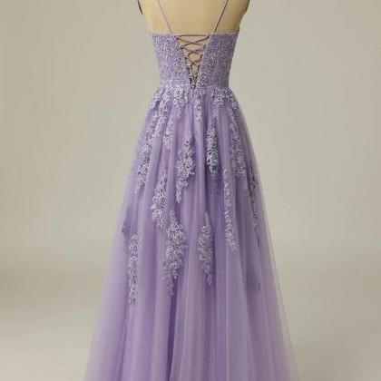 A Line Strapless Purple Long Prom Dress With Lace..