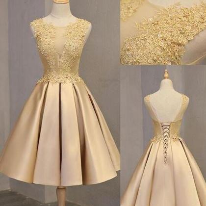 Cute Gold Lace Short Homecoming Dresses
