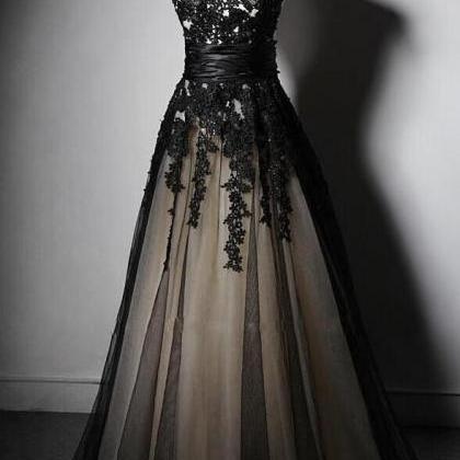 Modest Black A Line Lace Prom Dresses