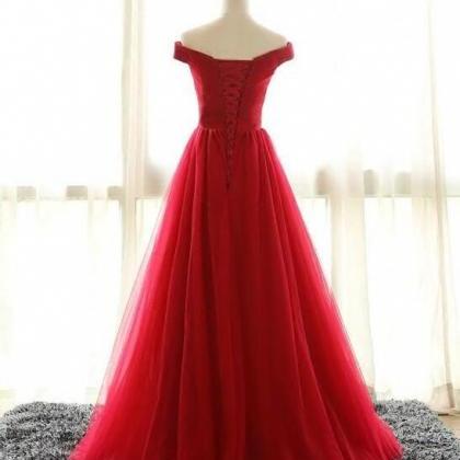 Off The Shoulder A Line Red Prom Dress Long Tulle..