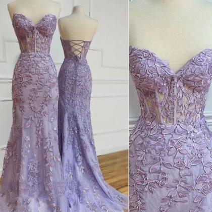 A Line Sweetheart Lavender Prom Dresses With Lace..