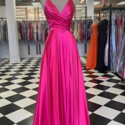 Simple A Line Pink V Neck Satin Evening Dresses