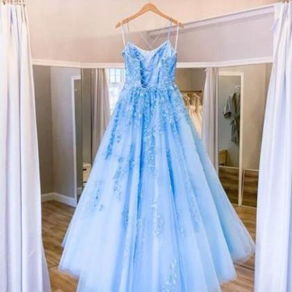 Mermaid Blue Tulle Lace Long Prom Dresses
