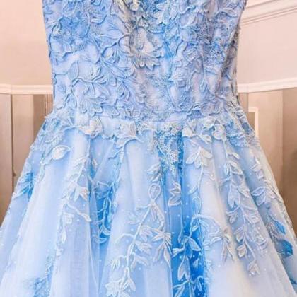 Mermaid Blue Tulle Lace Long Prom Dresses