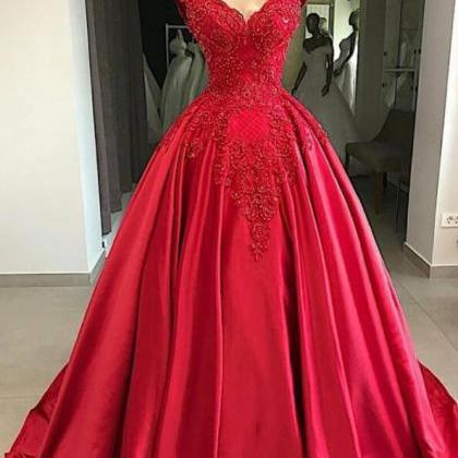 A Line Red Satin Long Prom Gown With Beading