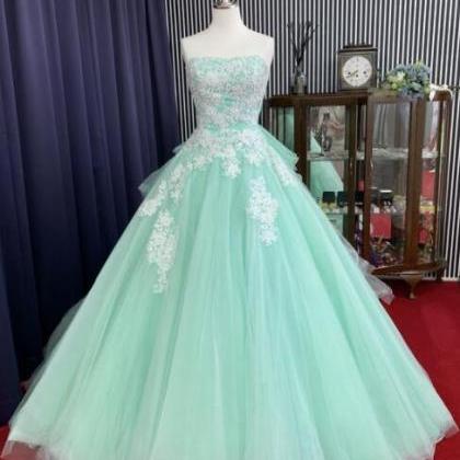 Strapless A Line Tulle Prom Dress With Lace