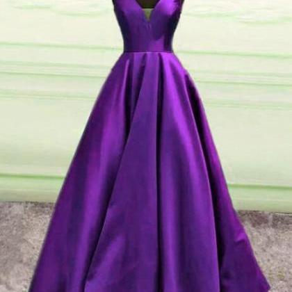 Simple A Line Purple V Neck Prom Ball Gown Prom..