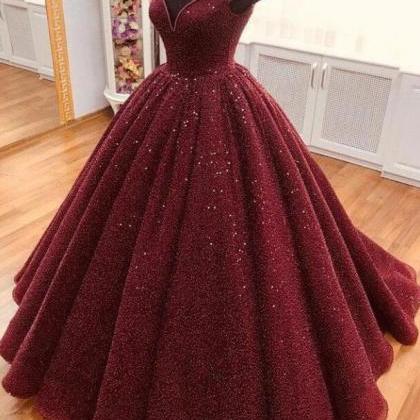 Off The Shoulder Ball Gown Burgundy Sequins Long..