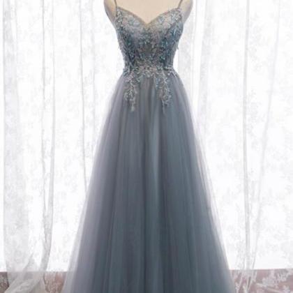 Spaghetti Straps Gray Tulle Sequins Prom Dresses