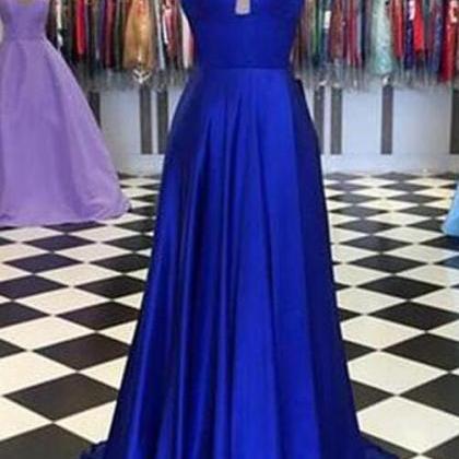 A-line Floor Length Royal Blue Satin Prom Dresses