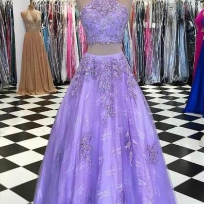 Halter Two Piece Beaded Purple Tulle Prom Dress