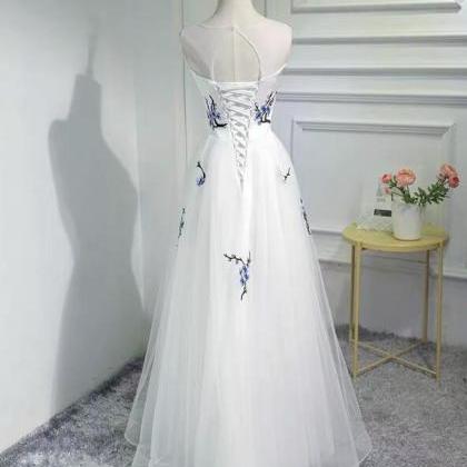 Simple White Embroidery Tulle Long Prom Evening..
