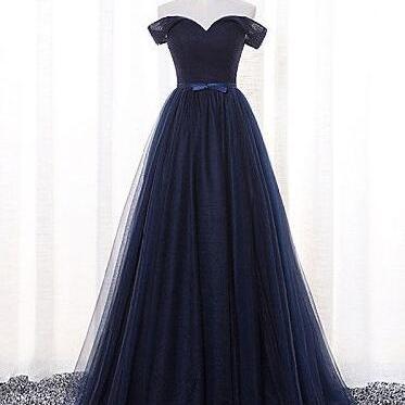 Elegant A-line Off-shoulder Navy Blue Prom Dresses
