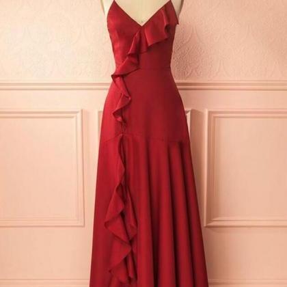 Spaghetti Straps Red Satin Prom Dresses With..