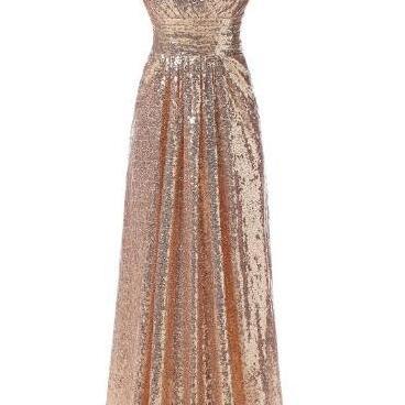 A Line Gold Long Sequin Prom Gowns