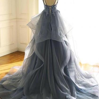 Charming Blue Gray Tulle V Neck Long Ruffles Prom..