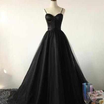 Spaghetti Strap Tulle Black Prom Dresses