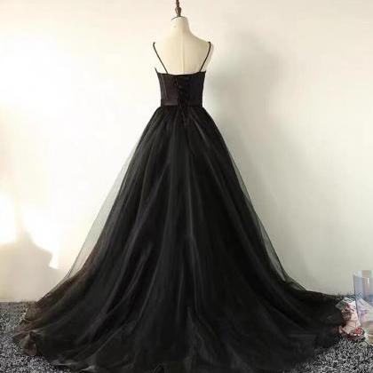 Spaghetti Strap Tulle Black Prom Dresses