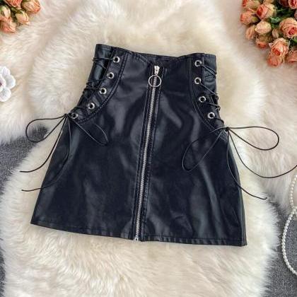 Simple Black A Line Pu Leather Skirt