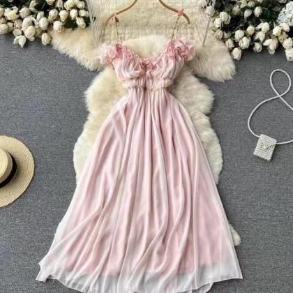 Sweet V-neck Pleated Chiffon Dress, Cute Halter..