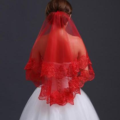 Bride Head Veil, Lace Red Veil