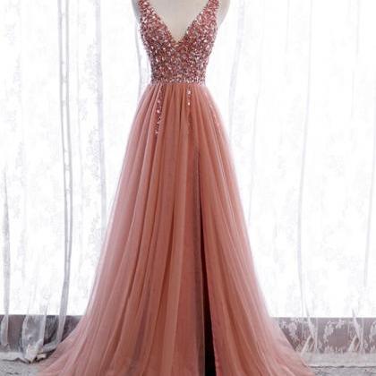 Mermaid Tulle Pink V Neck Beads Prom Dress