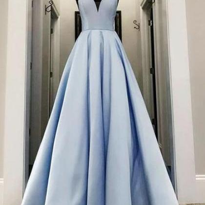 Simple A Line Blue Satin Long V Neck Prom Dress