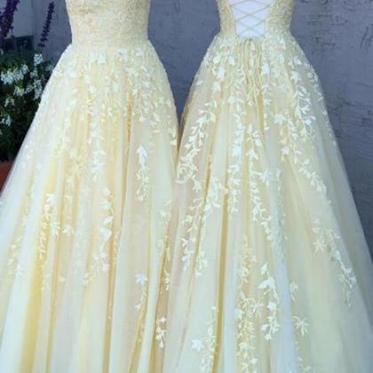 Spaghetti Straps A Line Yellow Lace Prom Dress..