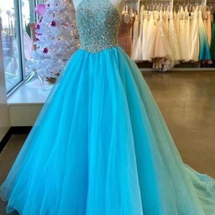 Vintage Blue Tulle Beads Long Prom Dresses