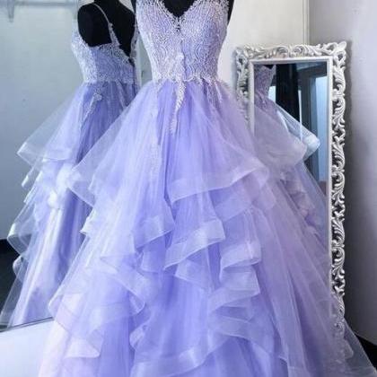 A Line Purpler Tulle Lace Long Prom Dress Formal..