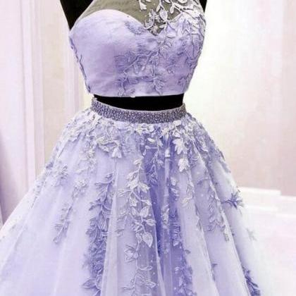 A Line Two Piece Lavender Prom Dresses