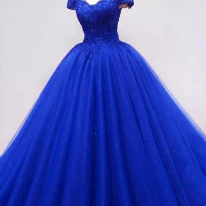 Off The Shoulder Royal Blue Tulle Ball Gown..