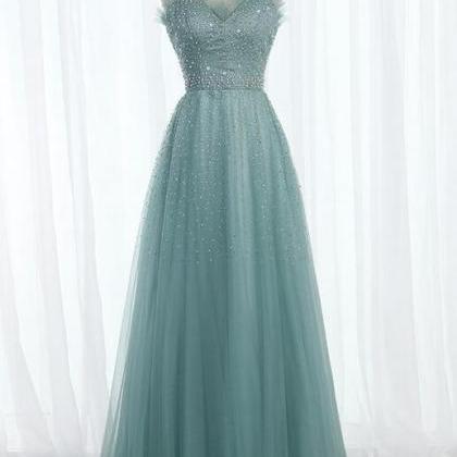A Line Tulle Long Beaded Prom Evening Dress