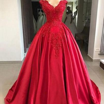 A Line V Neck Red Satin Prom Dress