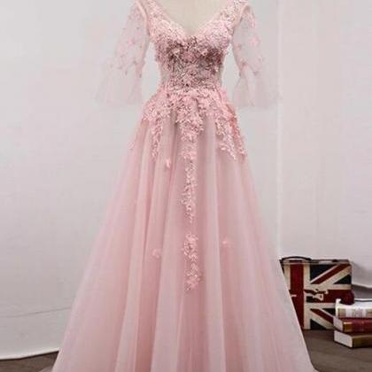 A Line Pink Tulle Prom Dress Lace Applique