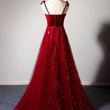 A Line Dark Red Tulle Prom Dress With Velvet