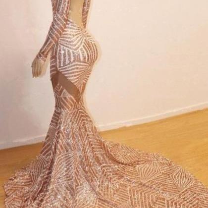 Mermaid Long Sleeves Sequin Backless Prom Dresses